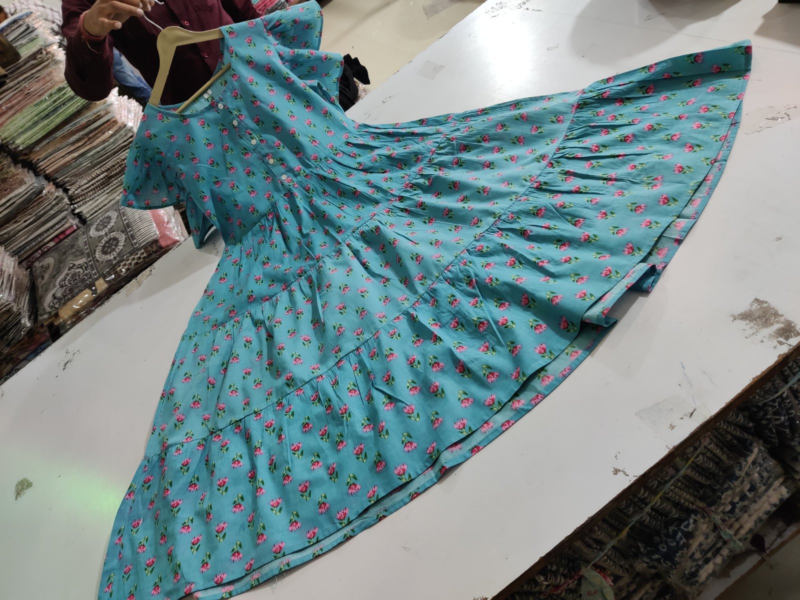 Green Printed Cotton Midi Gown Dress